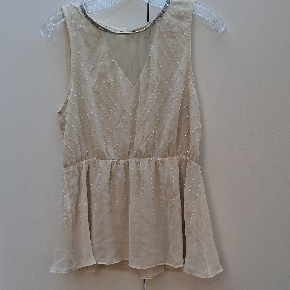 BKE Beige Sleeveless Blouse with Bead Accents